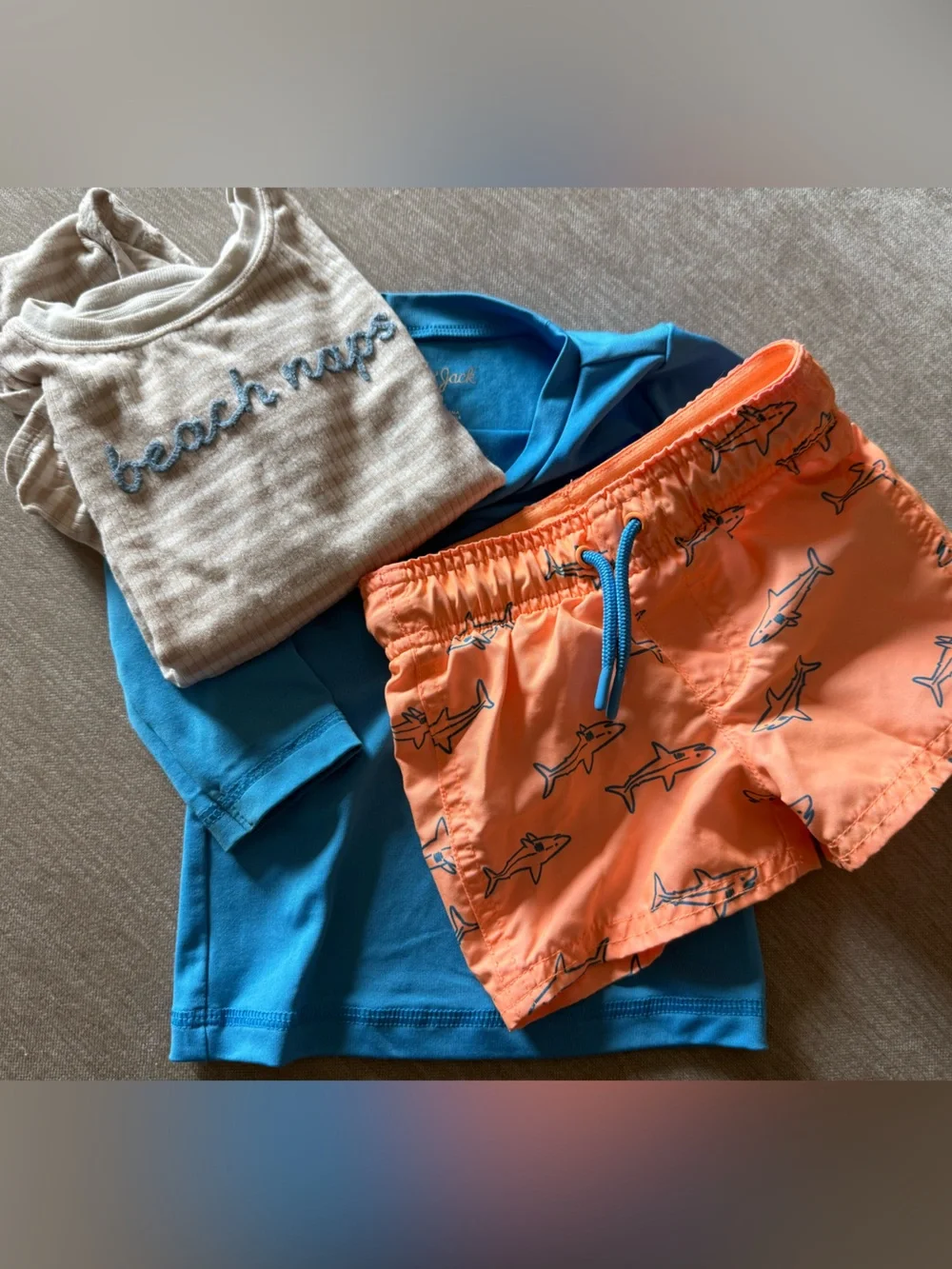 Cat & Jack Orange & Blue Shark Swim Trunks with Blue Rash Guard & a Onsie